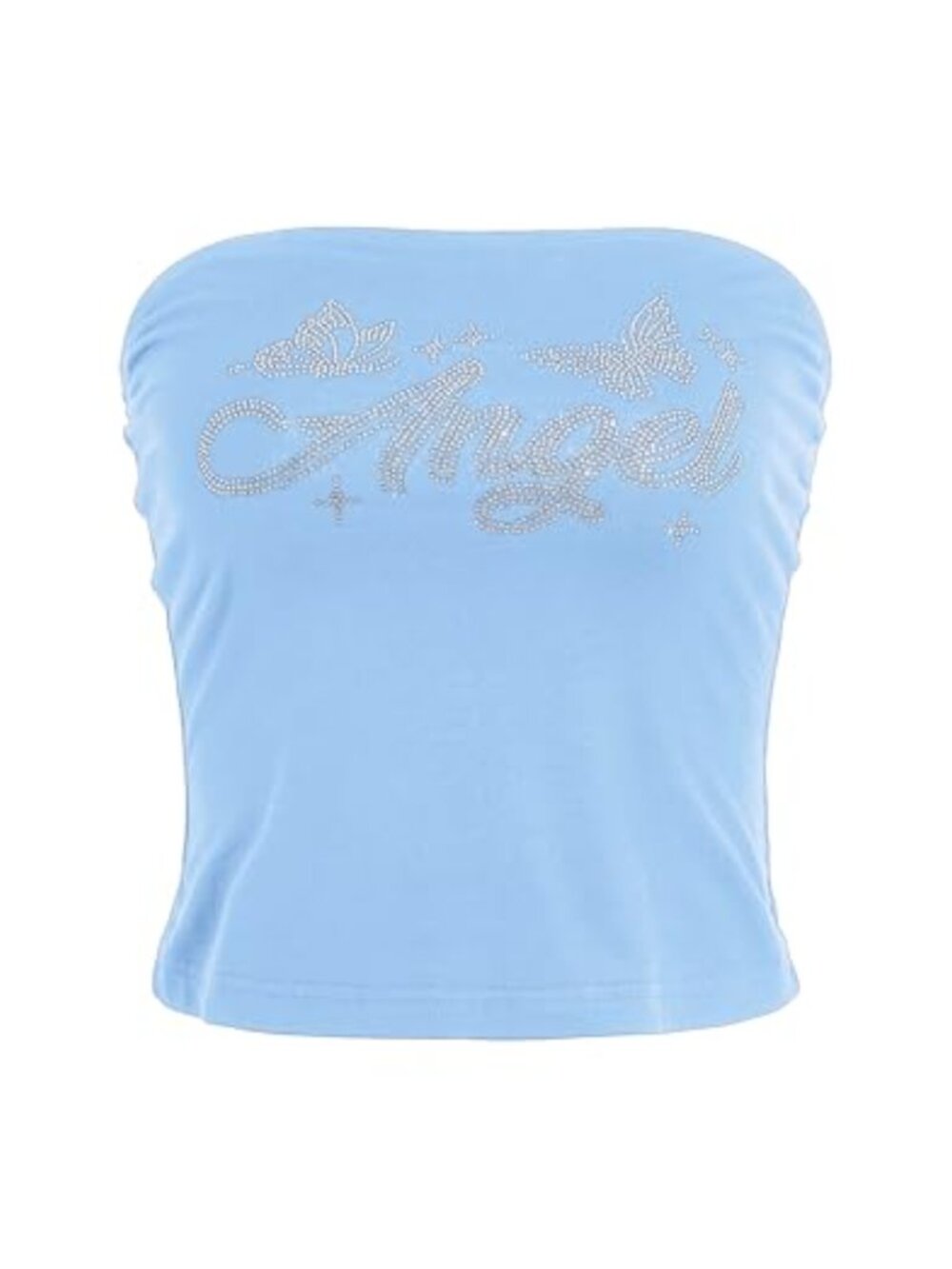 Butterfly Rhinestone Crop Bandeau Tube Top - Strapless Y2K Stretchy Viscose Top
